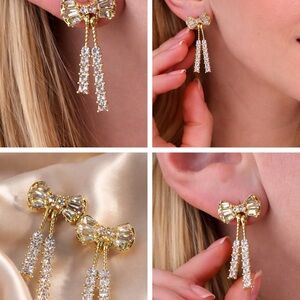 Gold Bow Drop Earrings with Crystal Strands - Women Jewelry
